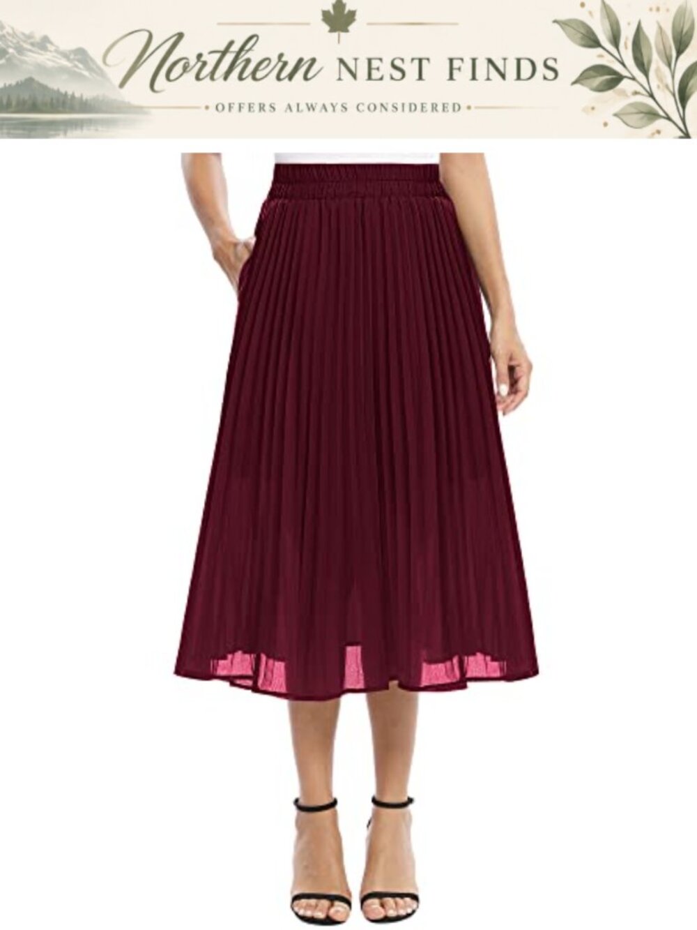 Chiffon A-Line Midi Skirt with Pockets Elastic Waist Pleated Swing